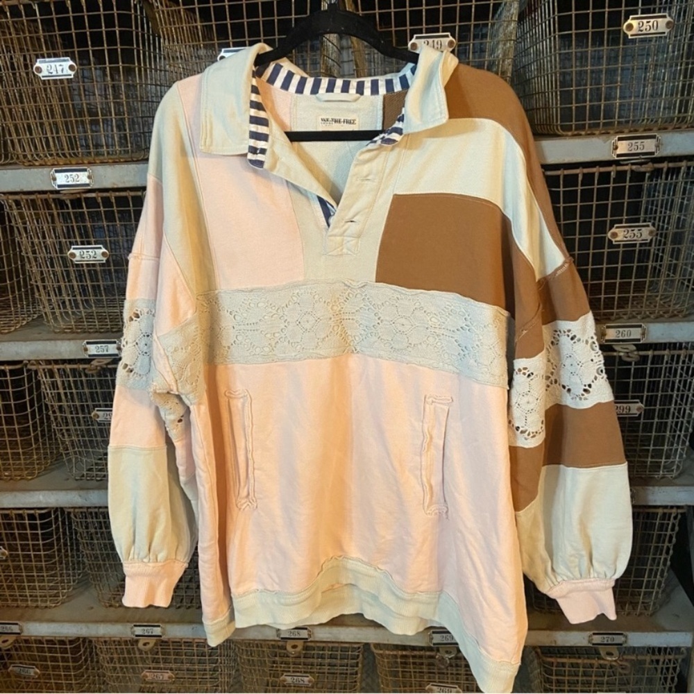 Women’s Patchwork Lace Rugby Pullover - Pale Pink & Camel
